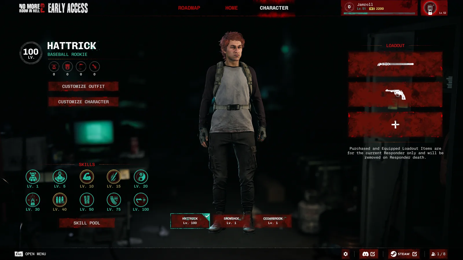 Level 100 Responder screen showing ten skill slots from level 1 through level 100